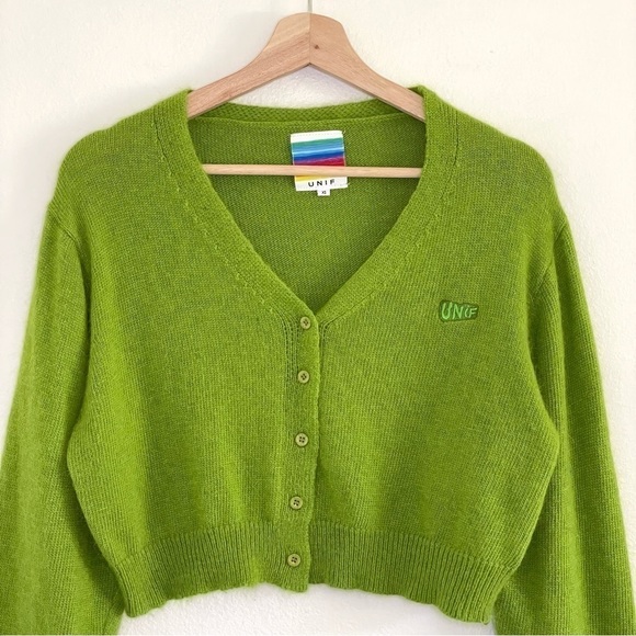 UNIF Liv Cropped Cardigan V Neck Button Front Alpaca Blend Sweater Green XS - Picture 10 of 16